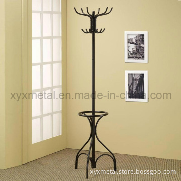 Black Metal Coat Hat Rack Hall Tree Hanger with Round Umbrella Holder Ring Stand